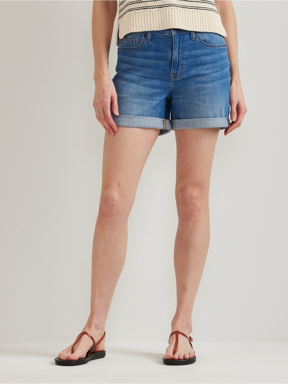 Eddie Bauer Boyfriend Mid-Rise Rolled Hem Denim Shorts - Blue, Size 10